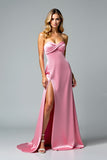 Pink Sweetheart Satin Floor Length Prom Dress with Slit