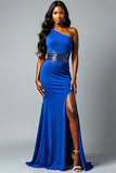 Sheath Sequined Royal Blue One Shoulder Long Prom Dress with Slit