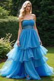 Blue A Line Strapless Tiered Long Beaded Prom Dress with Slit