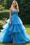 Blue A Line Strapless Tiered Long Beaded Prom Dress with Slit