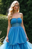 Blue A Line Strapless Tiered Long Beaded Prom Dress with Slit