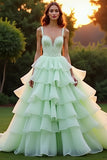 Green Ball Gown Sweetheart Tiered Long Prom Dress with Ruffles