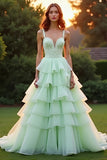 Green Ball Gown Sweetheart Tiered Long Prom Dress with Ruffles