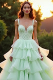 Green Ball Gown Sweetheart Tiered Long Prom Dress with Ruffles