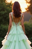 Green Ball Gown Sweetheart Tiered Long Prom Dress with Ruffles