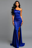 Glitter Royal Blue One Shoulder Sheath Long Prom Dress with Slit