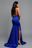 Glitter Royal Blue One Shoulder Sheath Long Prom Dress with Slit