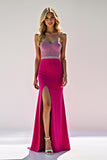 Fuchsia Strapless Beaded  Sheath Long Satin Prom Dress with Slit