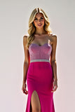 Fuchsia Strapless Beaded  Sheath Long Satin Prom Dress with Slit