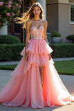 Princess Pink A Line Sweetheart Tiered Long Ruffled Prom Dress with Slit