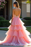 Princess Pink A Line Sweetheart Tiered Long Ruffled Prom Dress with Slit