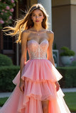 Princess Pink A Line Sweetheart Tiered Long Ruffled Prom Dress with Slit