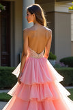 Princess Pink A Line Sweetheart Tiered Long Ruffled Prom Dress with Slit