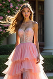 Princess Pink A Line Sweetheart Tiered Long Ruffled Prom Dress with Slit