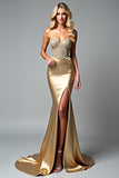 Golden Corset Beaded Mermaid Long Prom Dress with Slit