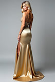 Golden Corset Beaded Mermaid Long Prom Dress with Slit