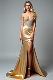 Golden Corset Beaded Mermaid Long Prom Dress with Slit