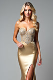 Golden Corset Beaded Mermaid Long Prom Dress with Slit