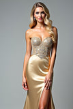 Golden Corset Beaded Mermaid Long Prom Dress with Slit