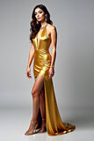 Golden Halter V-Neck Sheath Satin Prom Dress with Slit