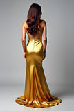 Golden Halter V-Neck Sheath Satin Prom Dress with Slit