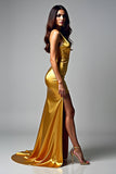 Golden Halter V-Neck Sheath Satin Prom Dress with Slit