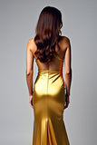 Golden Halter V-Neck Sheath Satin Prom Dress with Slit