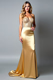 Golden Strapless Corset Sheath Long Prom Dress with Beading