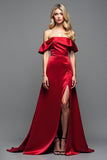 Burgundy Satin Off the Shoulder A Line Floor Length Prom Dress with Slit