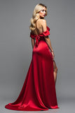 Burgundy Satin Off the Shoulder A Line Floor Length Prom Dress with Slit