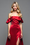 Burgundy Satin Off the Shoulder A Line Floor Length Prom Dress with Slit