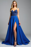 Royal Blue Spaghetti Straps A Line Beaded Long Prom Dress with Slit