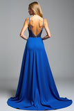 Royal Blue Spaghetti Straps A Line Beaded Long Prom Dress with Slit