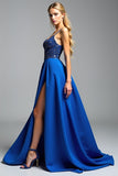 Royal Blue Spaghetti Straps A Line Beaded Long Prom Dress with Slit