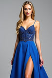 Royal Blue Spaghetti Straps A Line Beaded Long Prom Dress with Slit