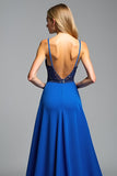 Royal Blue Spaghetti Straps A Line Beaded Long Prom Dress with Slit