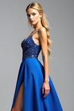 Royal Blue Spaghetti Straps A Line Beaded Long Prom Dress with Slit