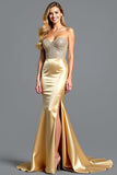 Golden Corset Mermaid Backless Long Prom Dress with Slit