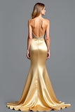 Golden Corset Mermaid Backless Long Prom Dress with Slit