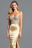 Golden Corset Mermaid Backless Long Prom Dress with Slit