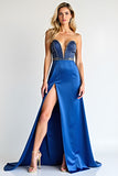 Royal Blue Beaded Sheath Strapless Satin Long Prom Dress with Slit