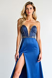 Royal Blue Beaded Sheath Strapless Satin Long Prom Dress with Slit