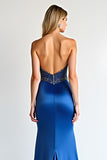 Royal Blue Beaded Sheath Strapless Satin Long Prom Dress with Slit