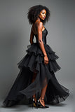 Black Tiered Asymetrical Ruffled A Line Prom Dress