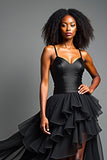 Black Tiered Asymetrical Ruffled A Line Prom Dress