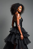 Black Tiered Asymetrical Ruffled A Line Prom Dress