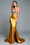 Golden Sweetheart Beaded Sheath Long Prom Dress with Slit