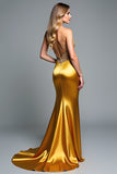 Golden Sweetheart Beaded Sheath Long Prom Dress with Slit