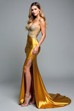 Golden Sweetheart Beaded Sheath Long Prom Dress with Slit