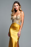 Golden Sweetheart Beaded Sheath Long Prom Dress with Slit